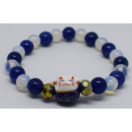Lapis lazuli és opálos holdkő karkötő maneki neko szerencsehozó charmmal
