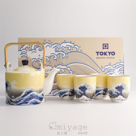 Hokusai nagy hullám mintájával díszített teás készlet díszcsomagolásban